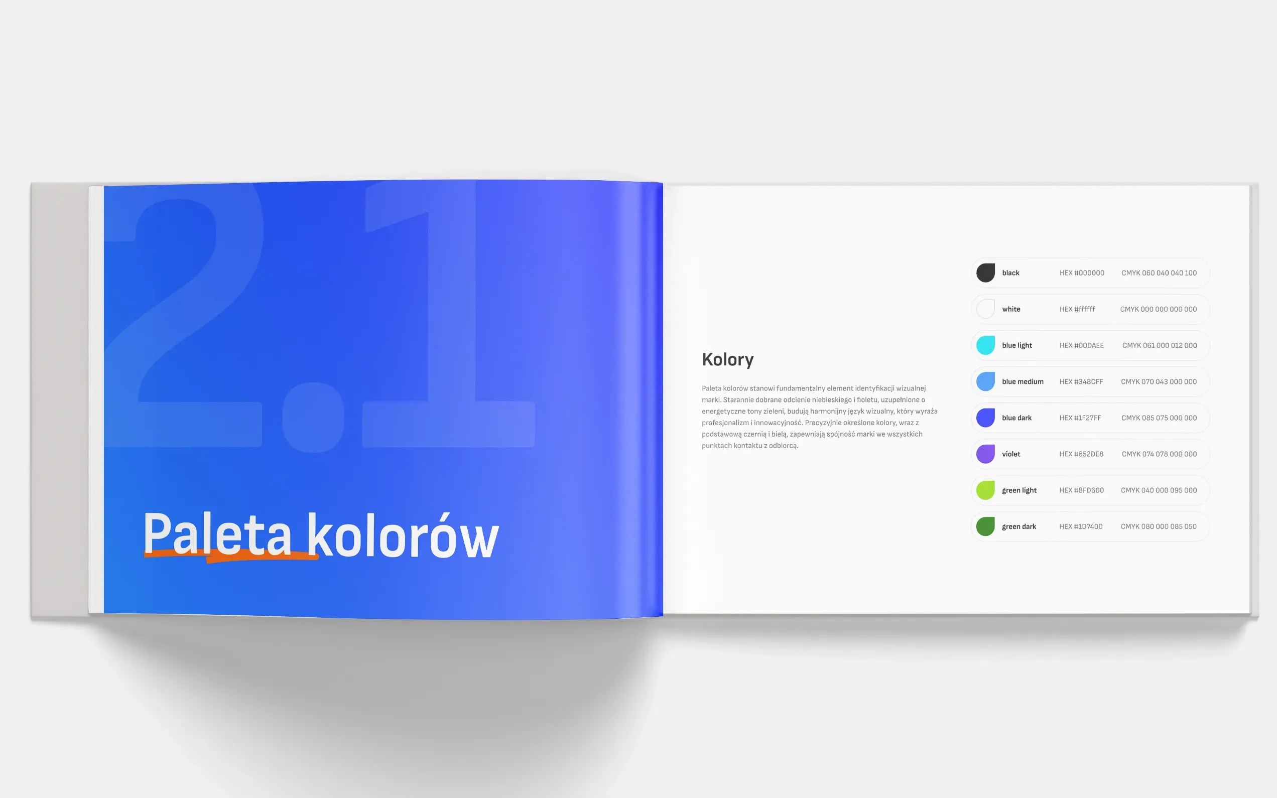 Rozkładówka brandbooka „Paleta kolorów” z rozdziałem 2.1: lista próbek barw głównych i uzupełniających z wartościami.