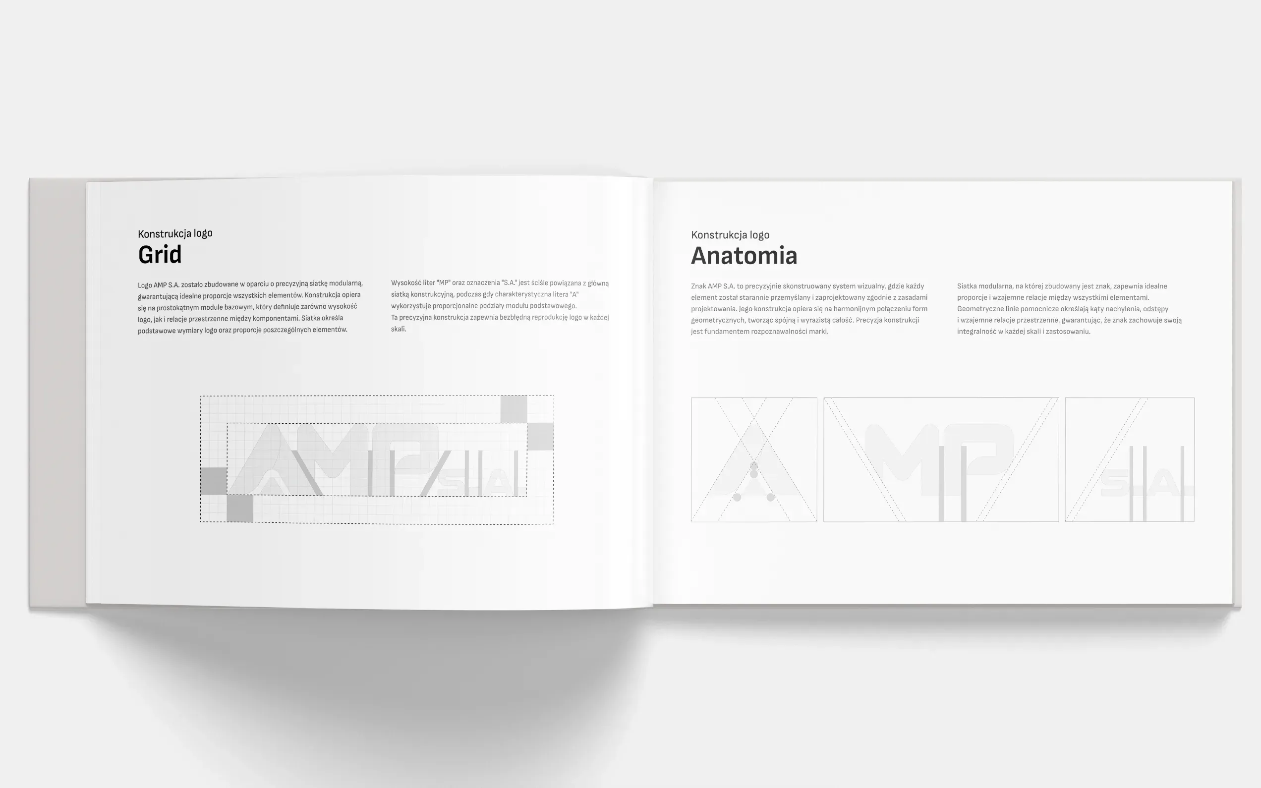 Rozkładówka brandbooka „Grid” i „Anatomia”: logo AMP na siatce konstrukcyjnej z wymiarami i polem ochronnym.