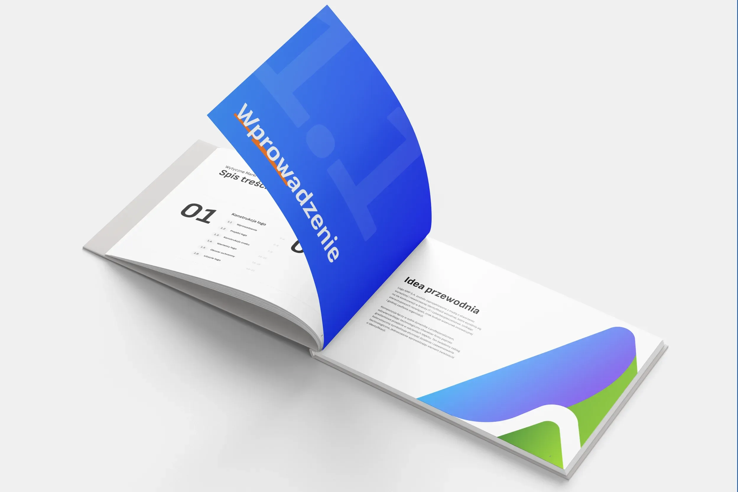 Otwarty brandbook na rozdziale „Wprowadzenie”: niebieska strona tytułowa z numerem 01 i spis treści na sąsiedniej stronie.