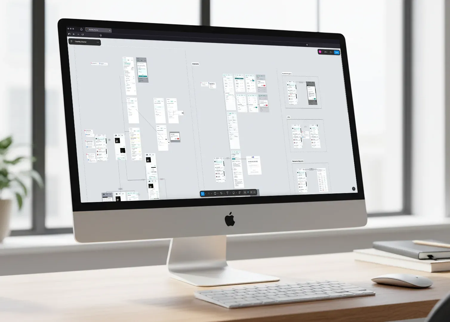 iMac na drewnianym biurku z otwartym plikiem Figmy „ChatMy.Doctor” – dziesiątki makiet ekranów mobilnych połączonych liniami przepływów w jedną mapę całego prototypu.