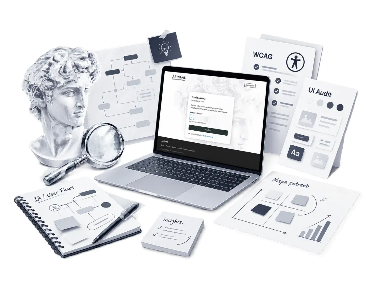 Monochromatyczny render: głowa Dawida, lupa i laptop z ekranem ArtSaas, wokół karty WCAG, UI Audit i Mapa potrzeb, notatnik z architekturą informacji i przepływami oraz karteczka Insights.