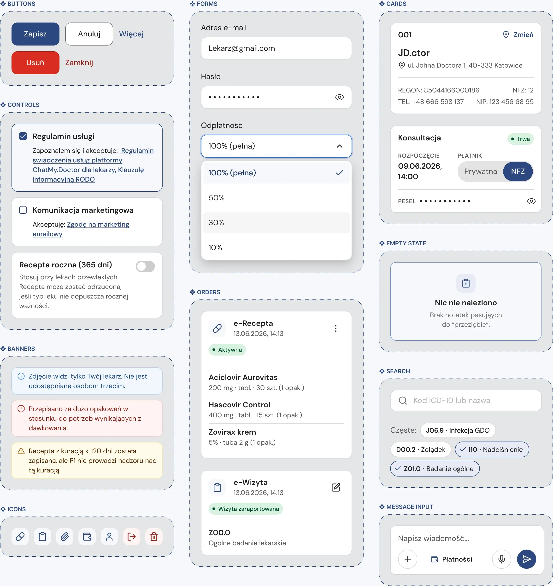 Plansza biblioteki komponentów ChatMy.Doctor: przyciski, pola formularzy, checkboxy, banery, karty, wyszukiwarka, stany puste, input wiadomości i kafle ikon – każda grupa podpisana i pokazana w kilku wariantach.