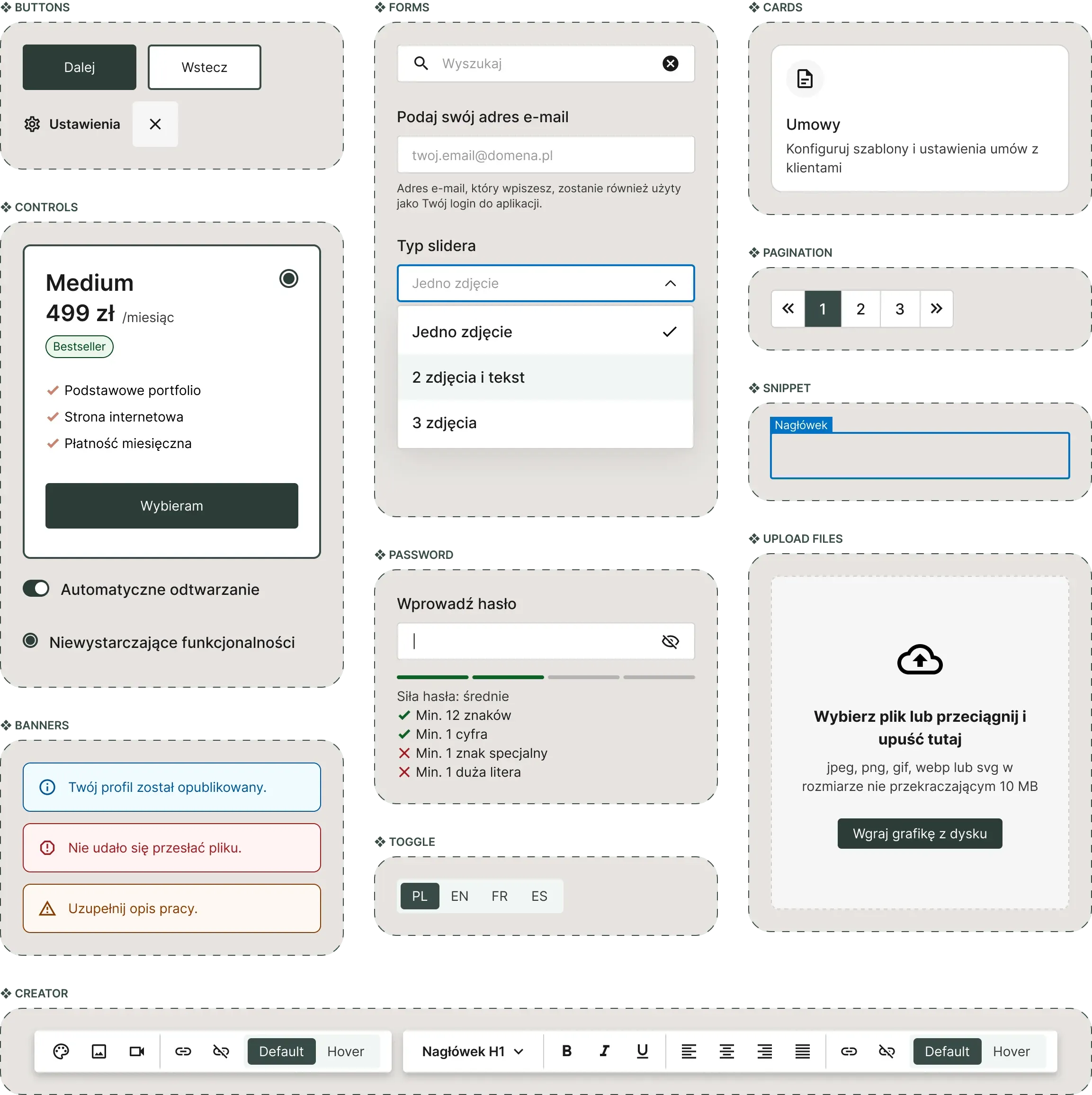 Plansza biblioteki komponentów ArtSaas w jedenastu podpisanych grupach: buttons, controls, banners, forms, password, toggle, cards, pagination, snippet, upload files i creator.