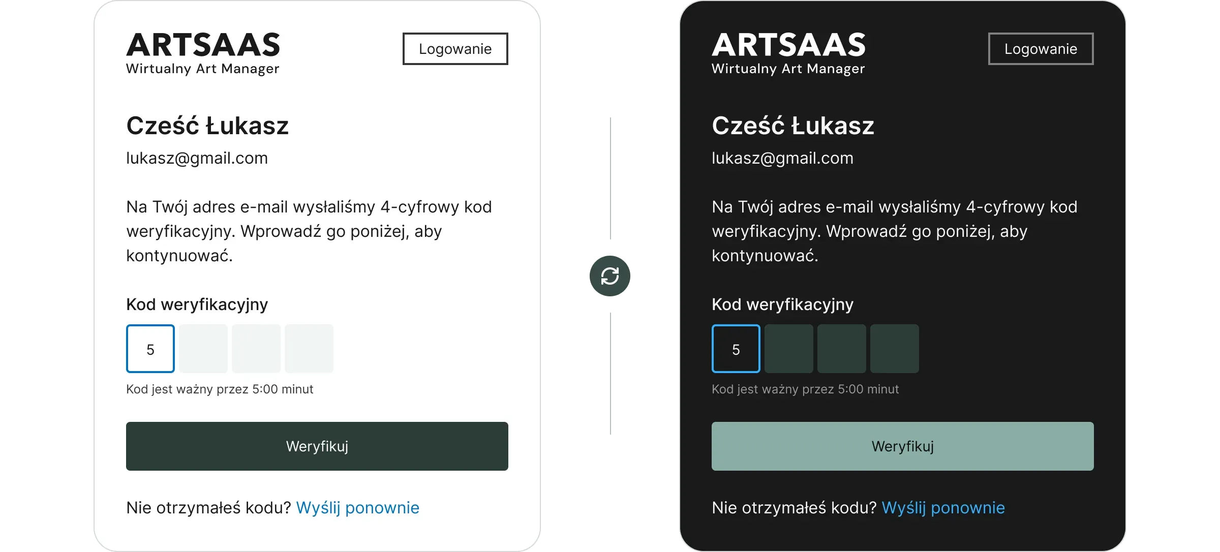 Ten sam ekran kodu weryfikacyjnego ArtSaas w wersji jasnej i ciemnej obok siebie, rozdzielone ikoną odświeżania.
