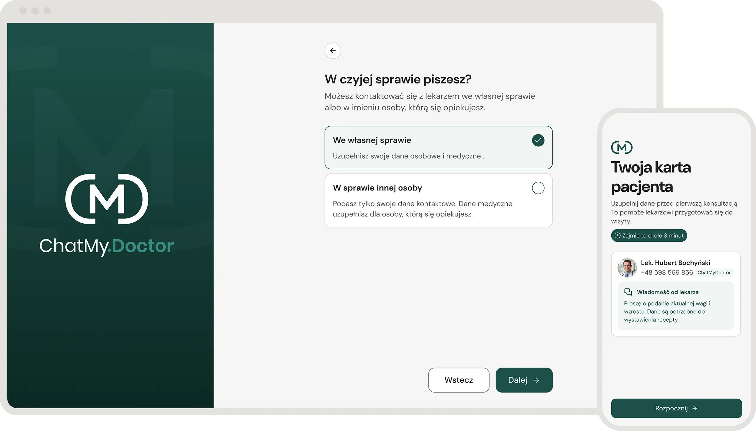Ankieta medyczna pacjenta w zielonym trybie: webowy formularz z pytaniem o powód kontaktu i mobilna karta pacjenta