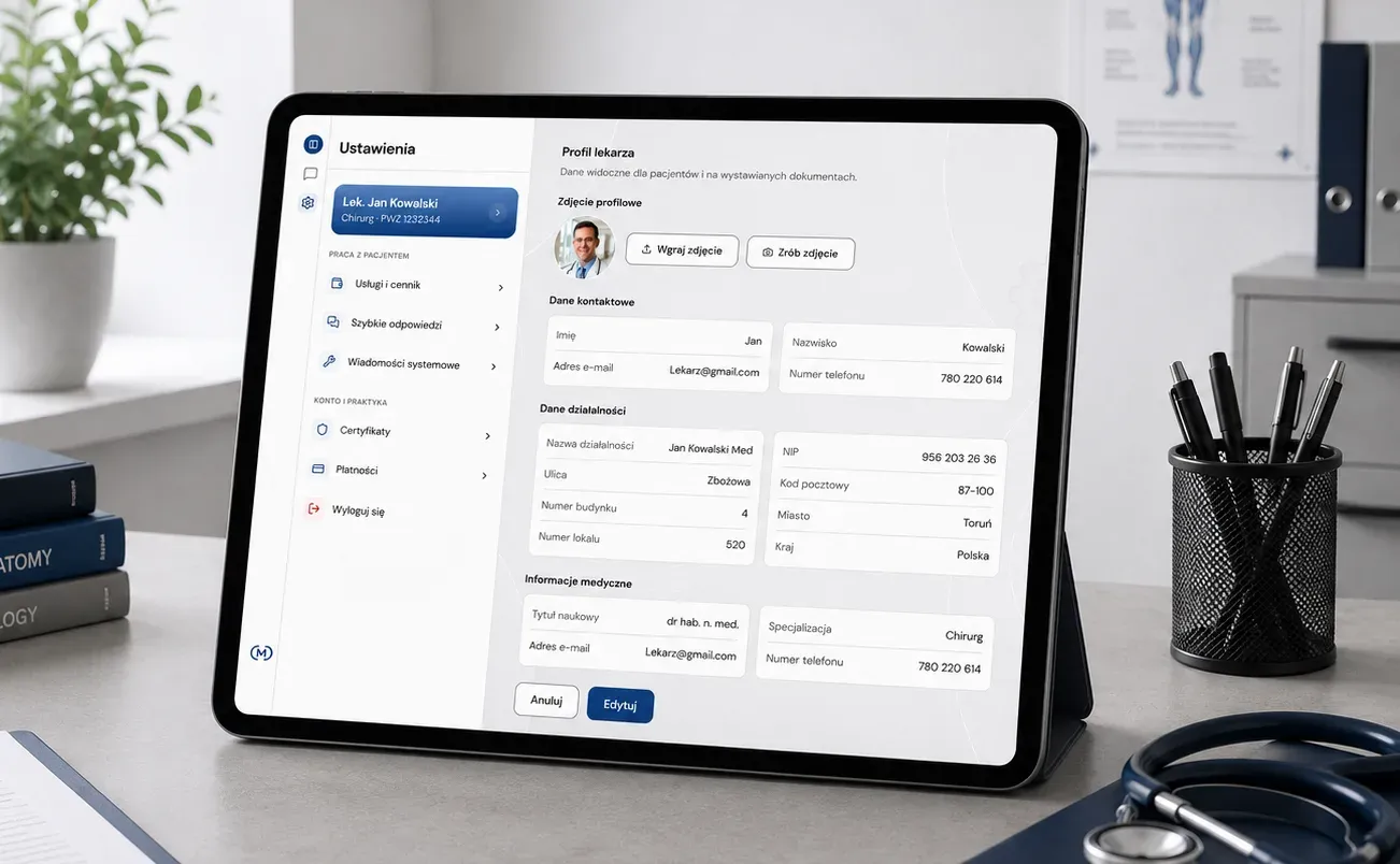 Tablet na biurku z webową wersją ChatMy.Doctor otwartą na ustawieniach profilu lekarza