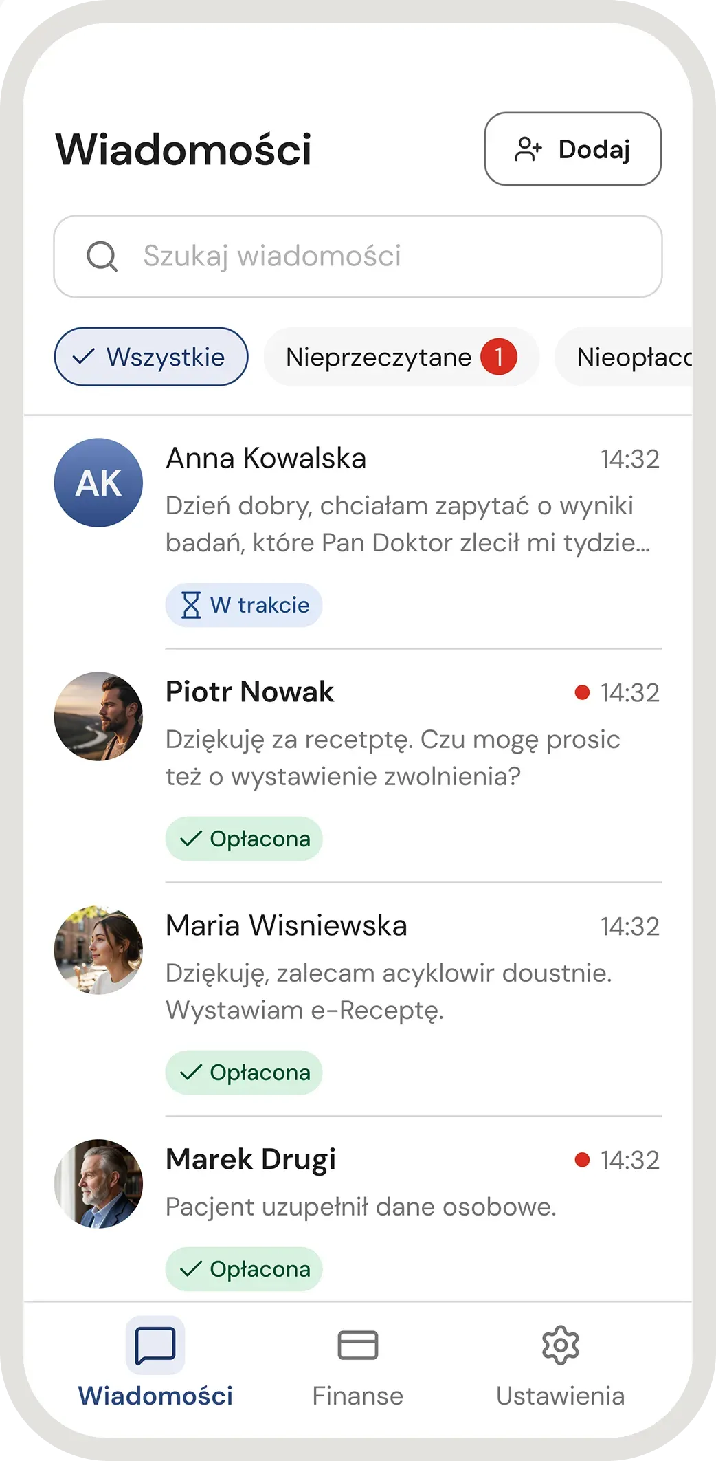 Lista rozmów z pacjentami z filtrami statusu i licznikiem nieprzeczytanych