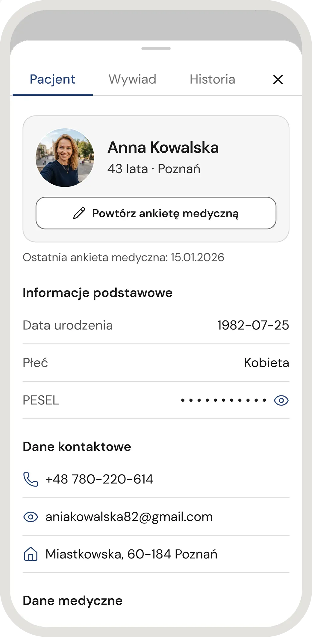Profil pacjentki: dane podstawowe, kontaktowe i medyczne, PESEL zamaskowany