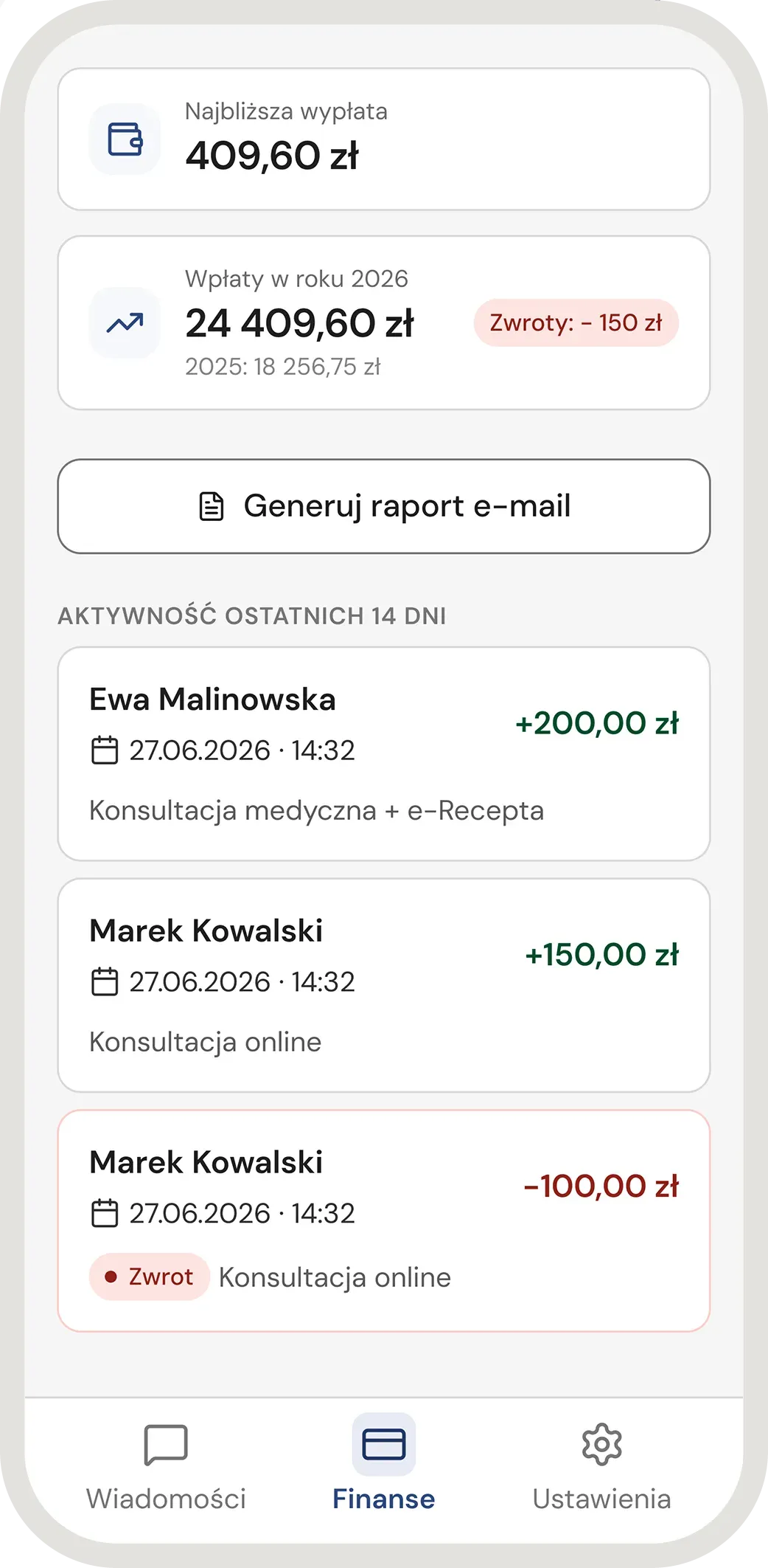 Zestawienie przychodów: najbliższa wypłata, suma roczna i lista ostatnich rozliczeń z kwotami