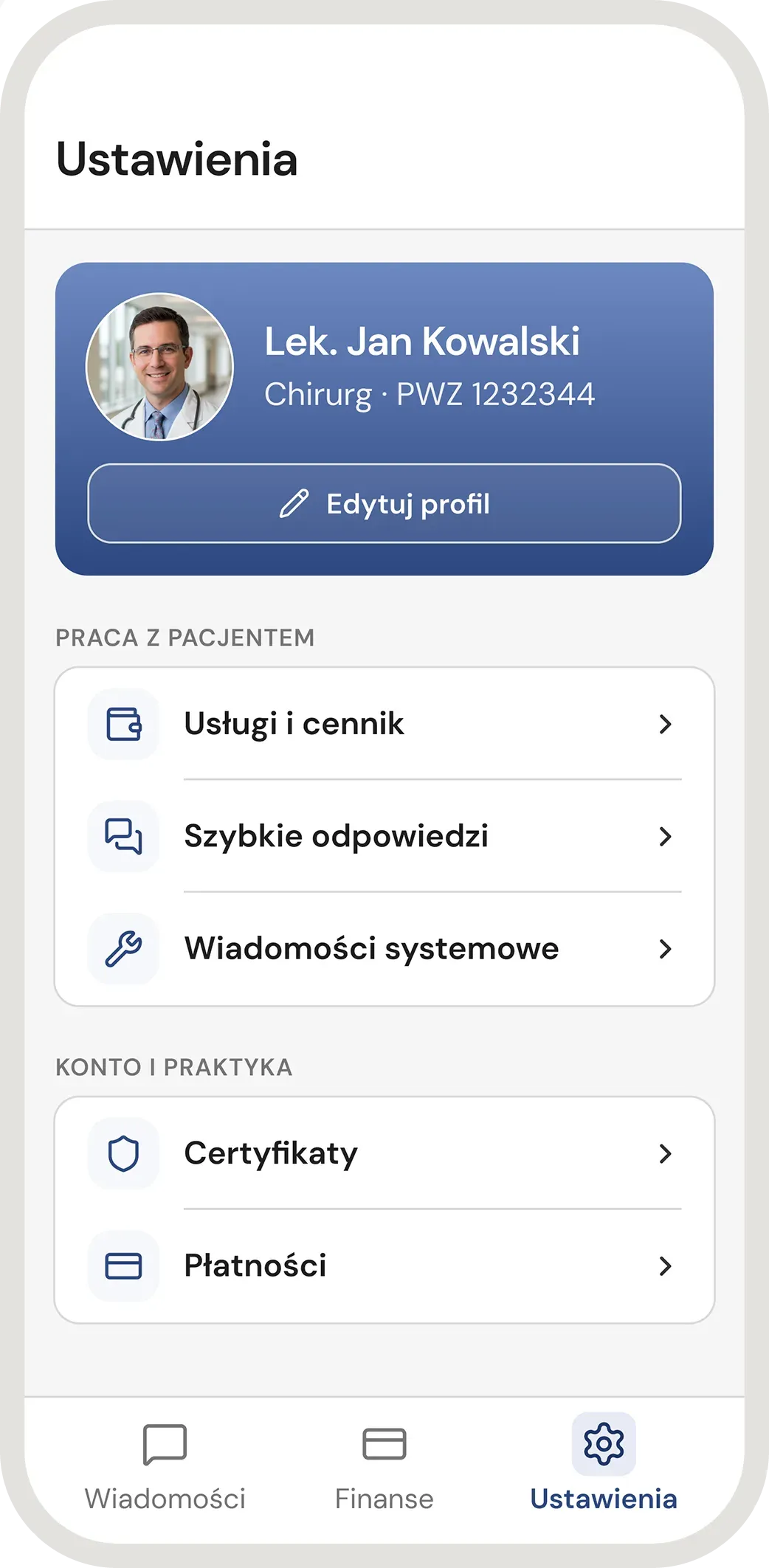 Ustawienia lekarza: karta profilu z numerem prawa wykonywania zawodu oraz sekcje pracy z pacjentem i konta