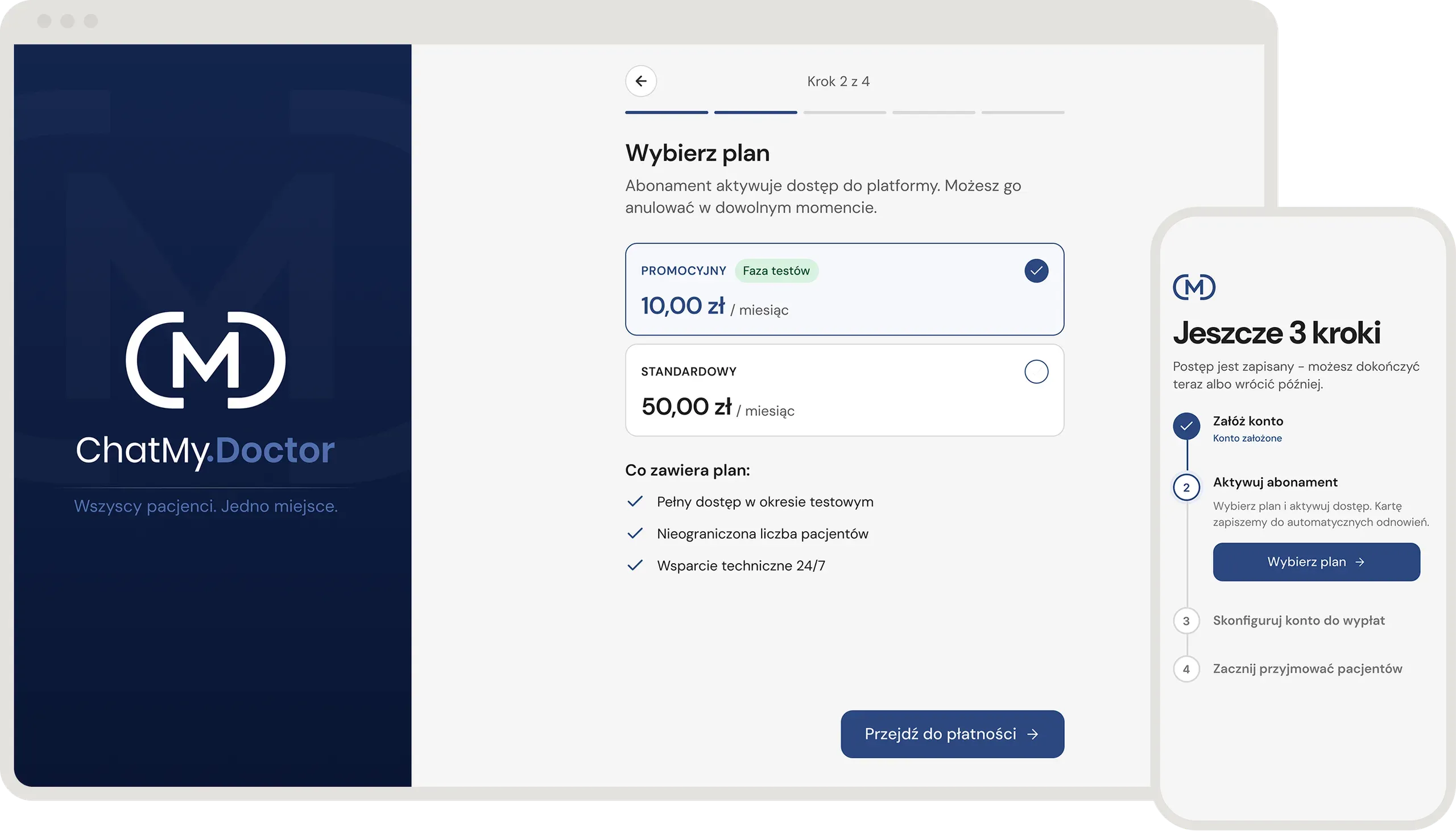 Onboarding lekarza: webowy split layout z brandingowym panelem i wyborem planu, obok mobilny stepper z czterema krokami