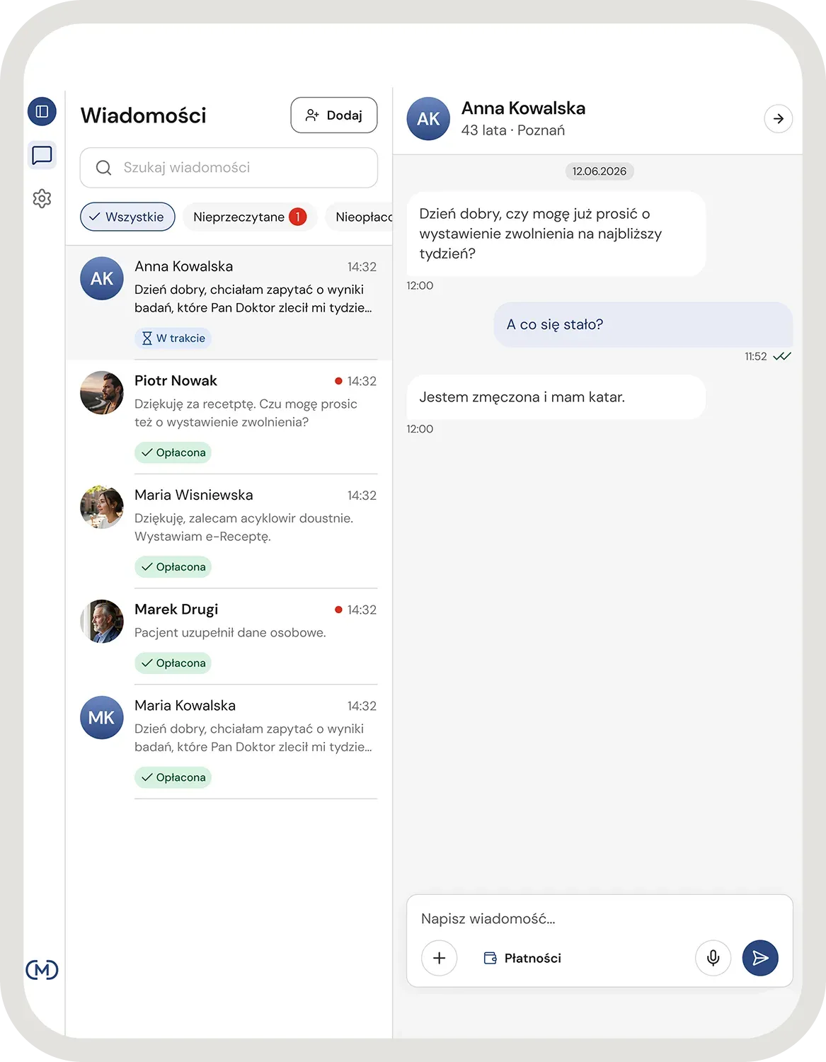 Wersja na telefonie – z trzech kolumn zostaje sama lista rozmów