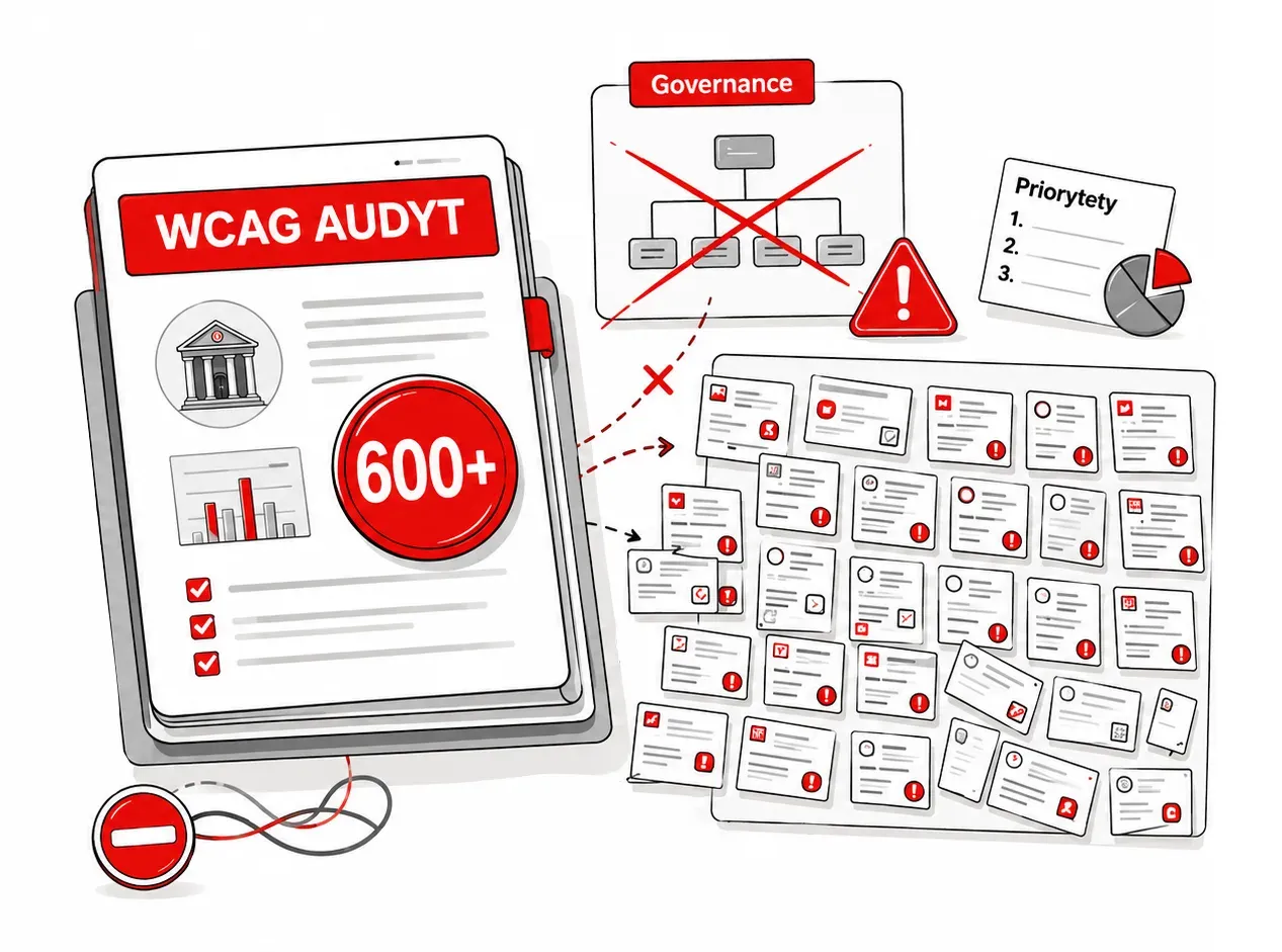 Ilustracja audytu dostępności: raport „WCAG audyt” z czerwoną pieczęcią „600+”, obok przekreślony schemat governance ze znakiem ostrzegawczym, karta priorytetów z wykresem kołowym i tablica kilkudziesięciu kart zadań z wykrzyknikami – nieuporządkowany backlog do rozdzielenia.