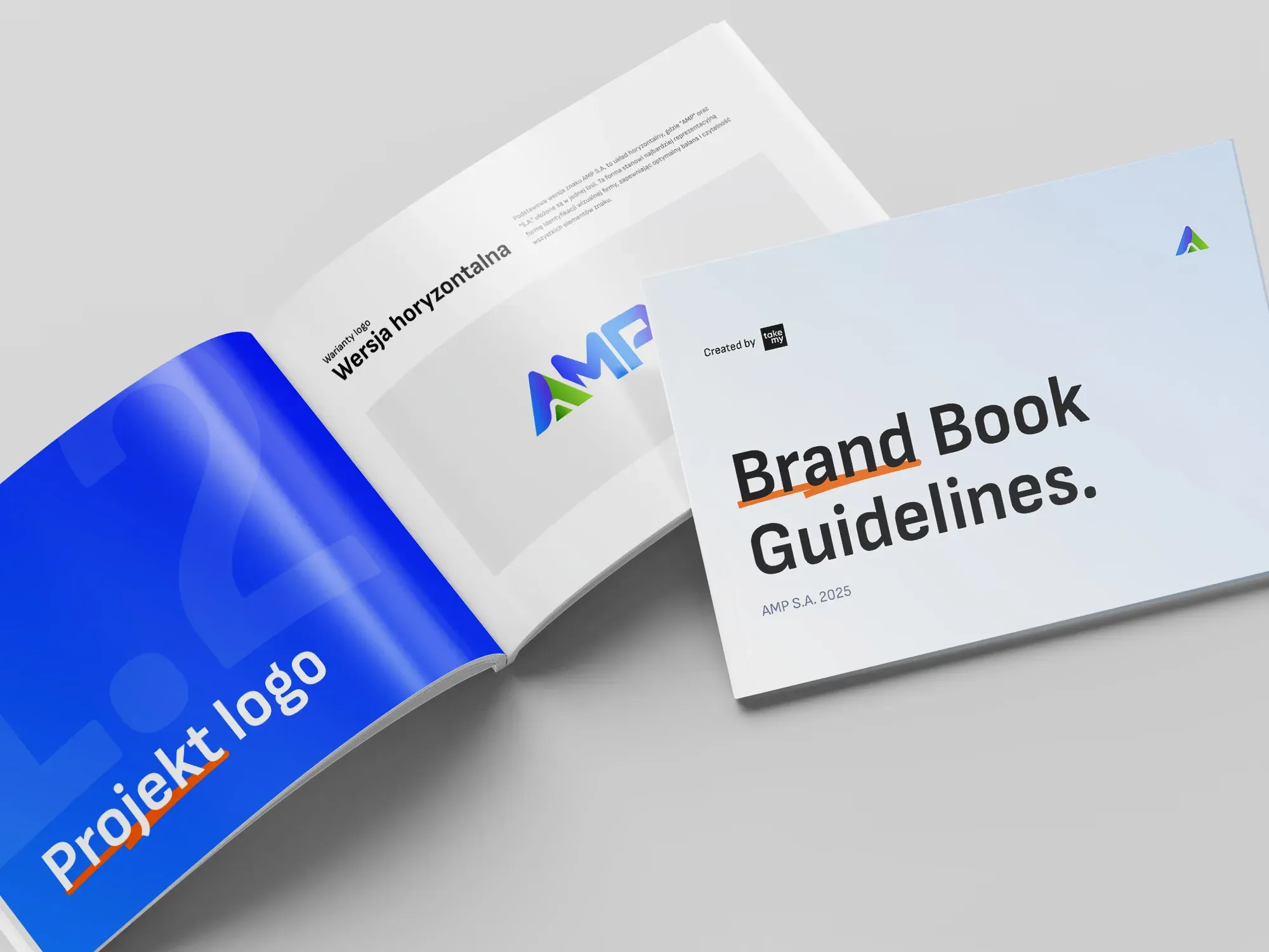 Otwarty brand book AMP S.A. z wariantami logo