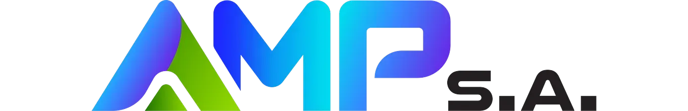 Logo horyzontalne AMP S.A.: sygnet i litery „MP” w gradiencie błękitu, obok czarne „S.A.”.