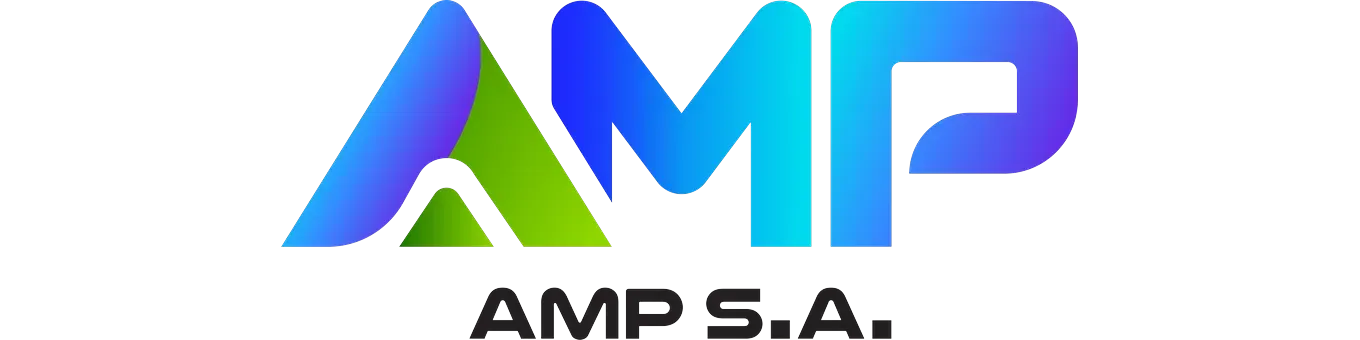 Logo wertykalne AMP: znak „AMP” w gradiencie, pod nim czarny napis „AMP S.A.”.